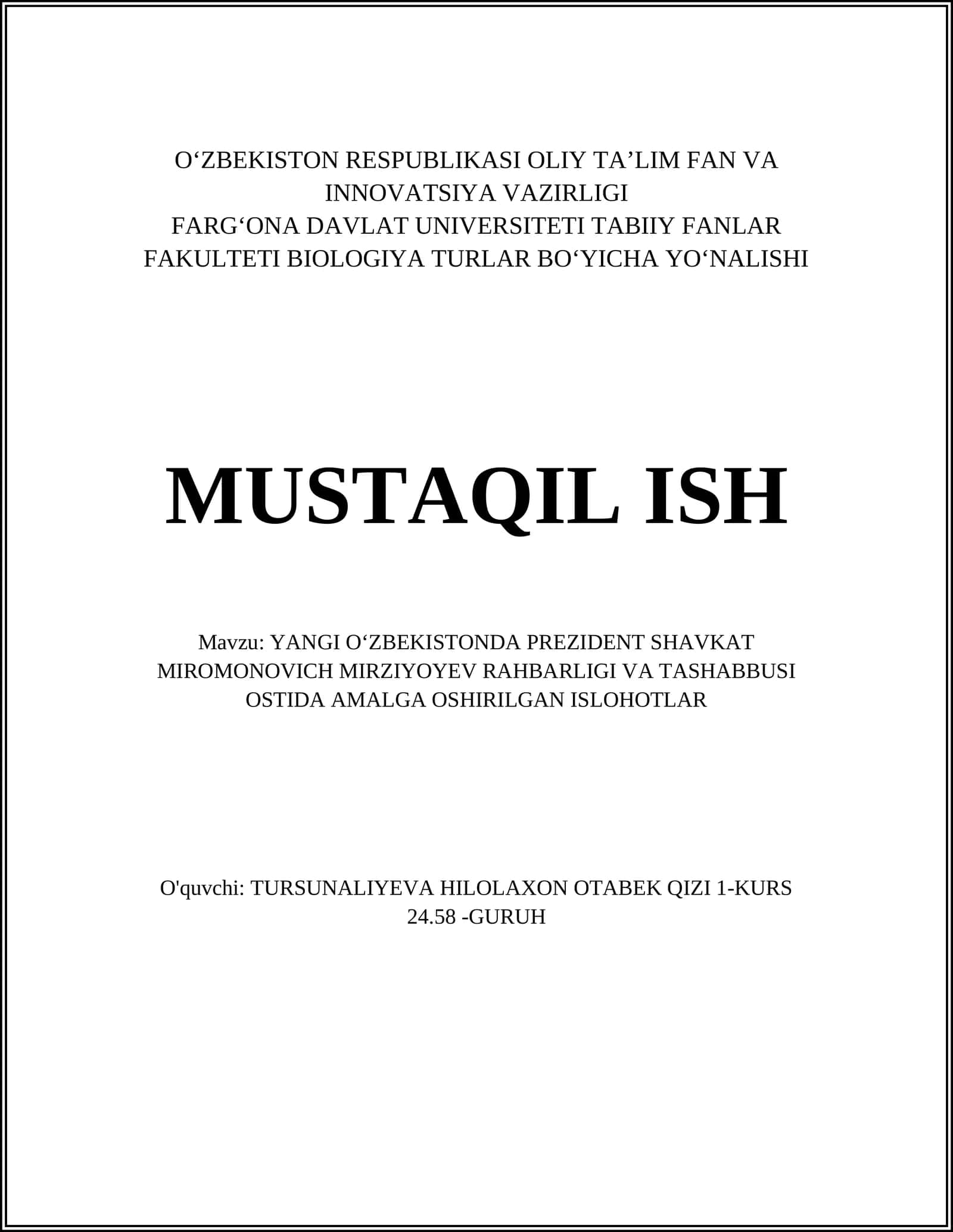 YANGI OʻZBEKISTONDA PREZIDENT SHAVKAT MIROMONOVICH MIRZIYOYEV RAHBARLIGI VA TASHABBUSI OSTIDA AMALGA OSHIRILGAN ISLOHOTLAR 1