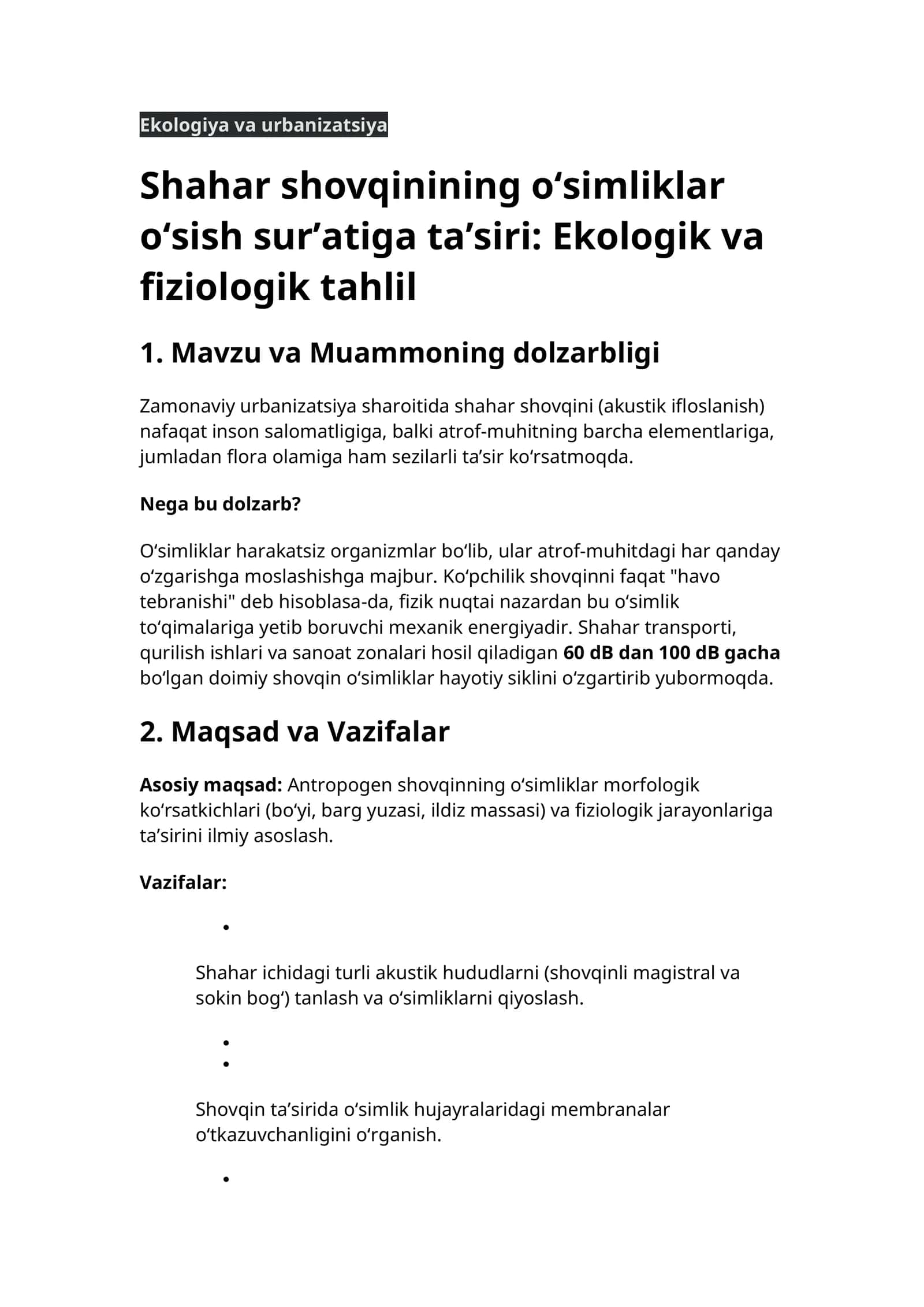 Ekologiya va urbanizatsiya 1