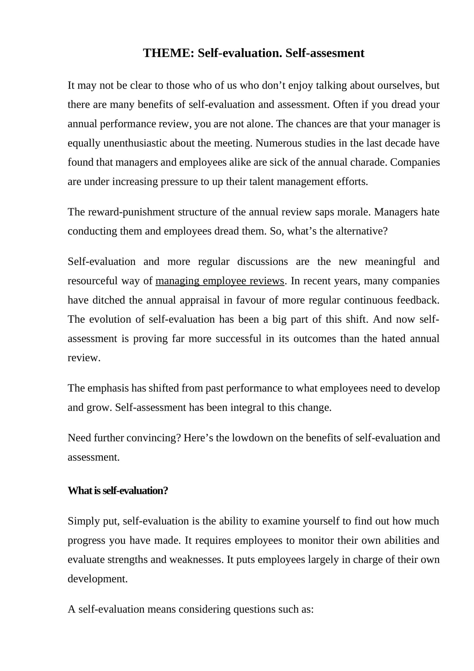 Self-evaluation and Assessment 1