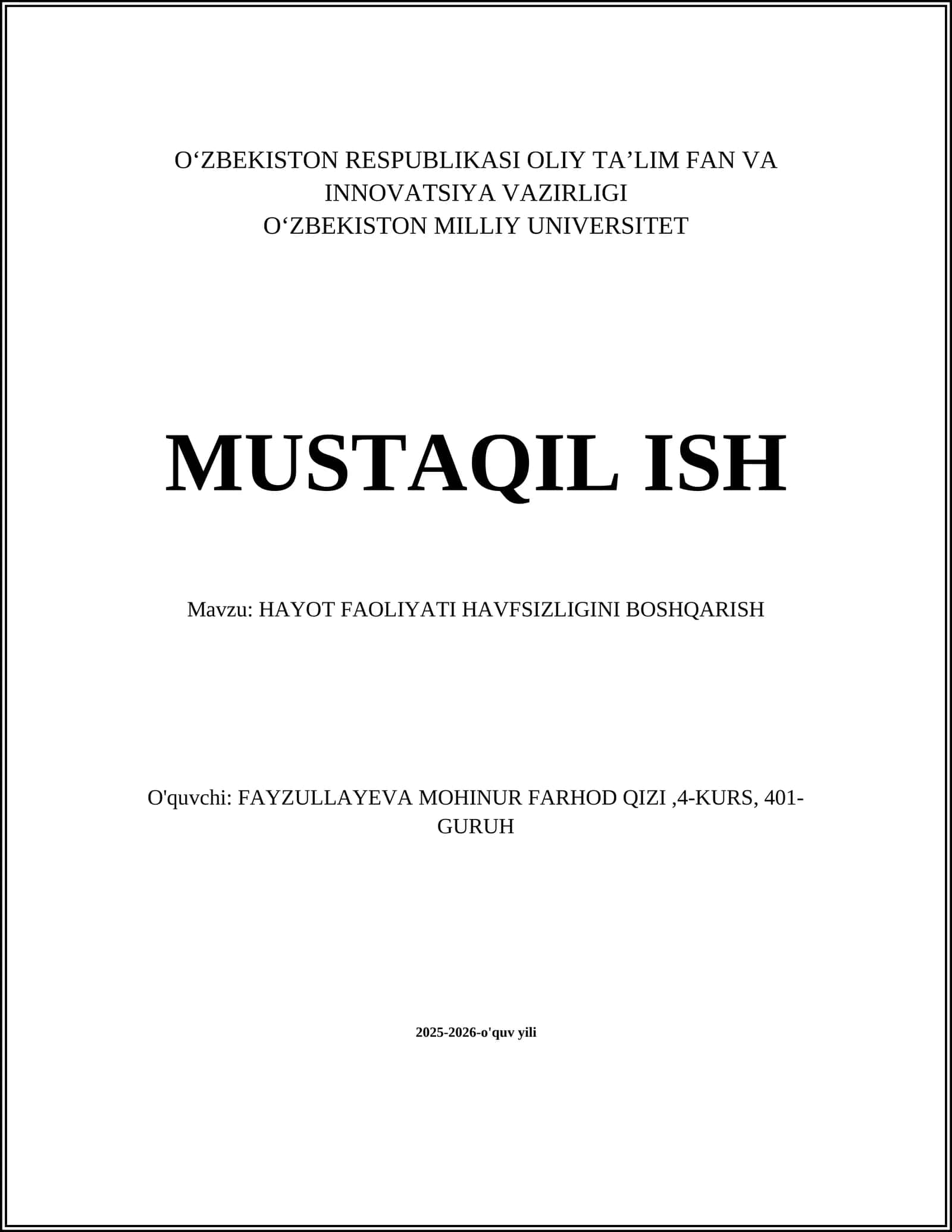 HAYOT FAOLIYATI HAVFSIZLIGINI BOSHQARISH 1