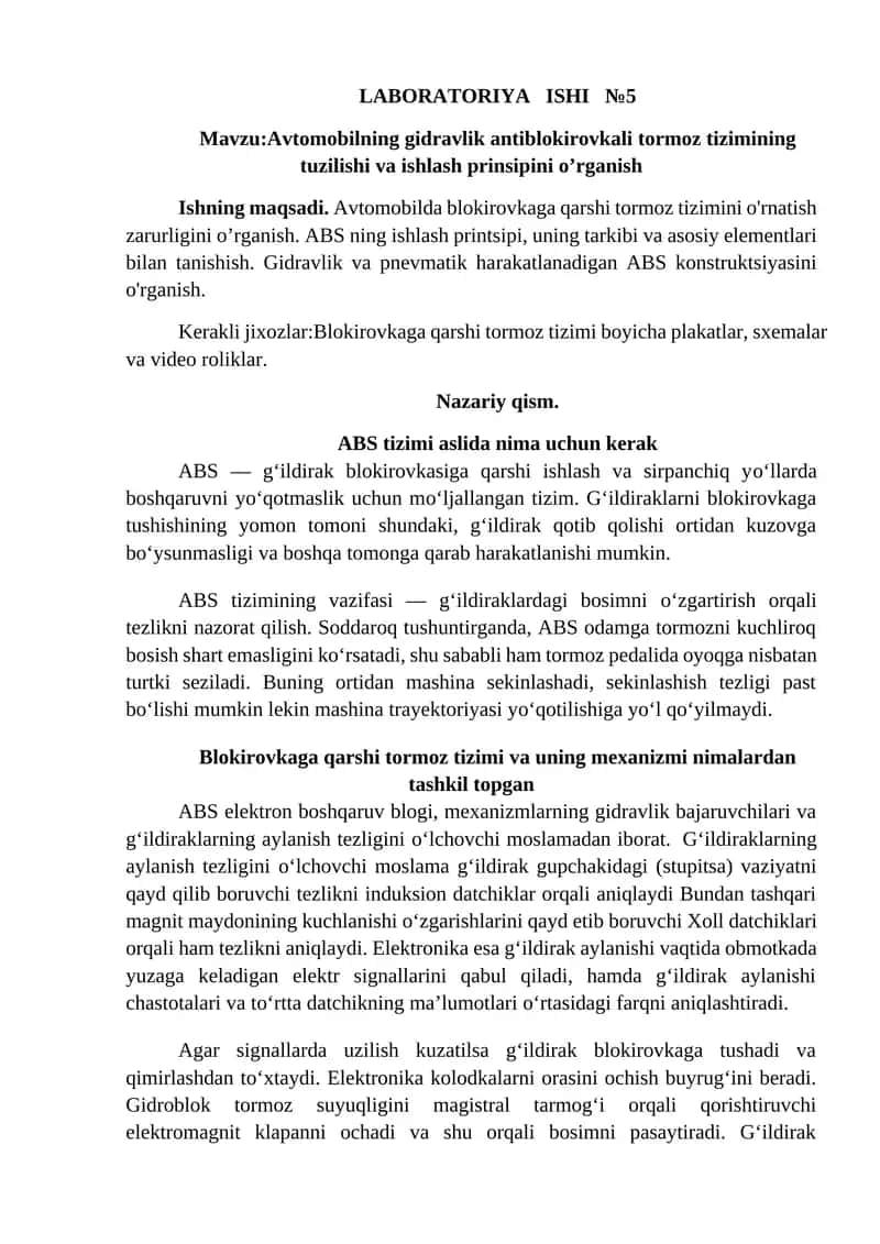 Avtomobilning gidravlik antiblokirovkali tormoz tizimi 1