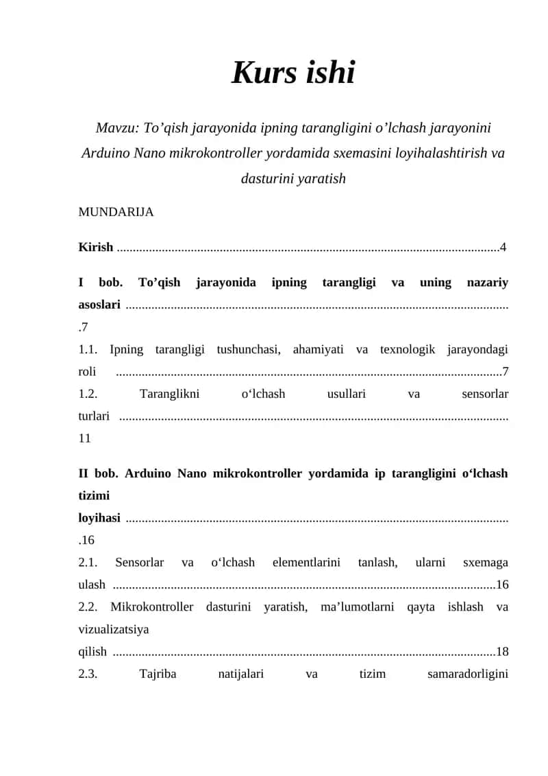 To’qish jarayonida ipning tarangligini o’lchash jarayonini Arduino Nano mikrokontroller yordamida sxemasini loyihalashtirish va dasturini yaratish 1