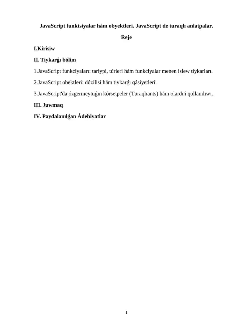 JavaScript funktsiyalar hám obyektleri 1
