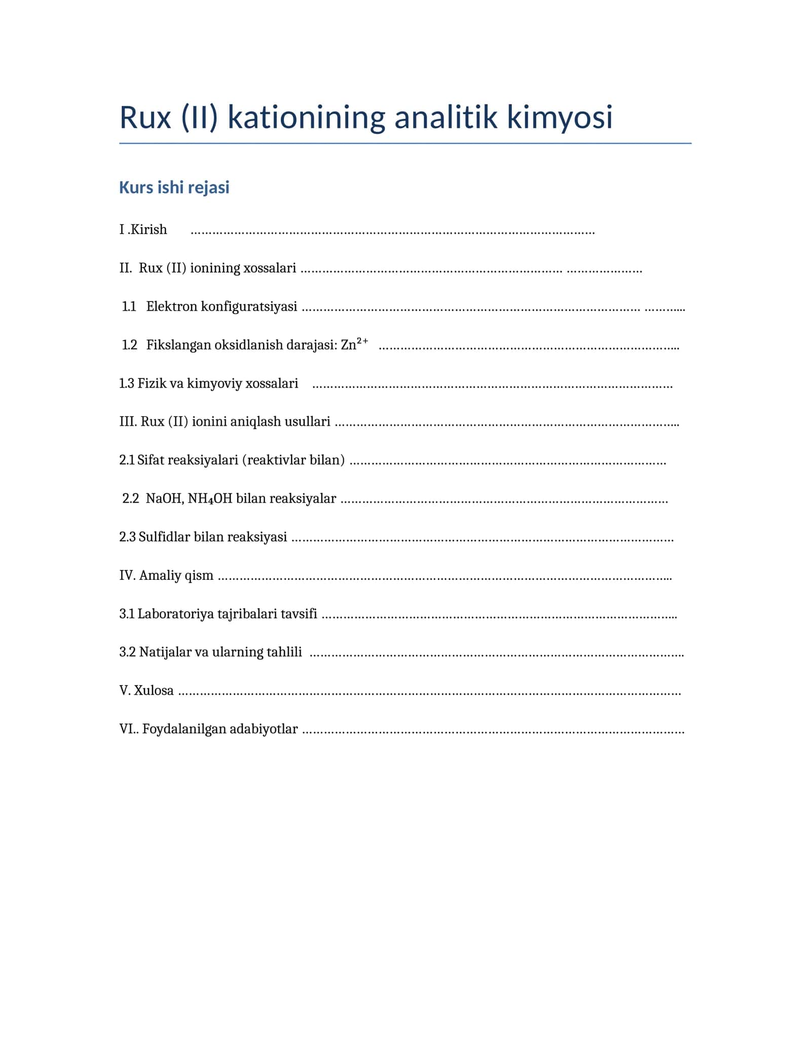 Rux (II) kationining analitik kimyosi Kurs ishi rejasi 1