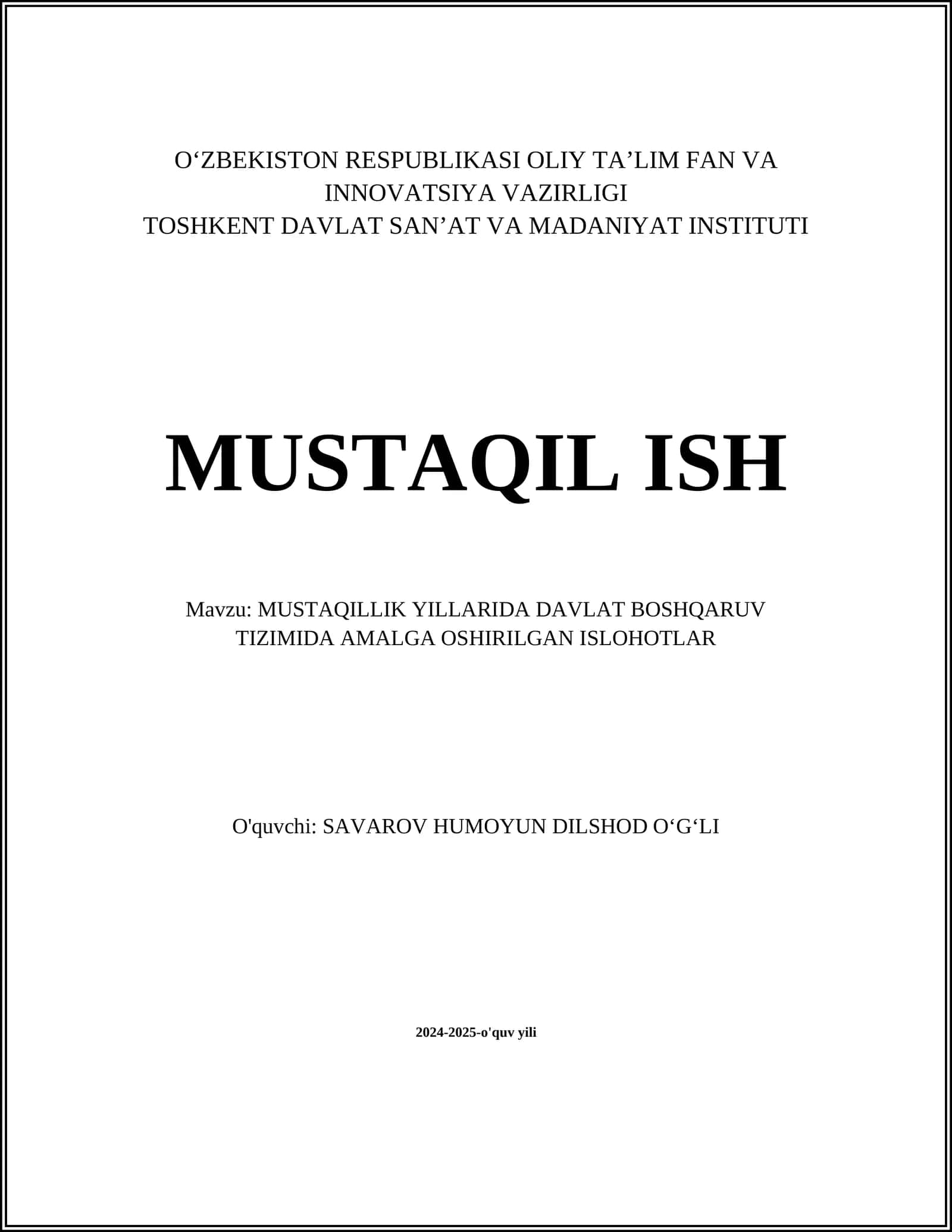 MUSTAQILLIK YILLARIDA DAVLAT BOSHQARUV TIZIMIDA AMALGA OSHIRILGAN ISLOHOTLAR 1