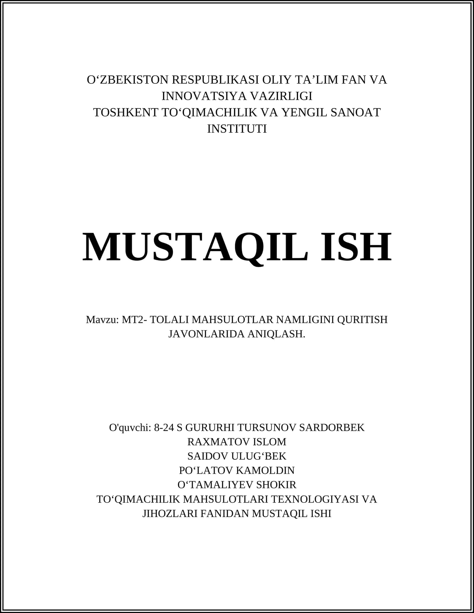 MT2- TOLALI MAHSULOTLAR NAMLIGINI QURITISH JAVONLARIDA ANIQLASH 1