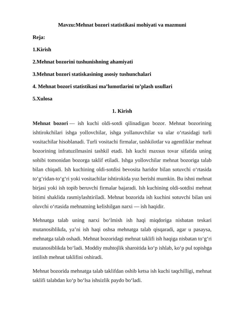 Mehnat bozori statistikasi mohiyati va mazmuni 1