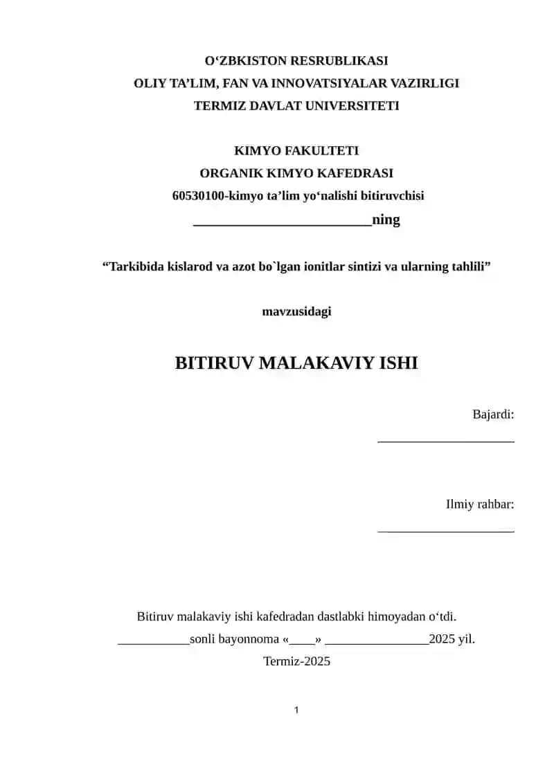 Tarkibida kislarod va azot bo`lgan ionitlar sintizi va ularning tahlili 1