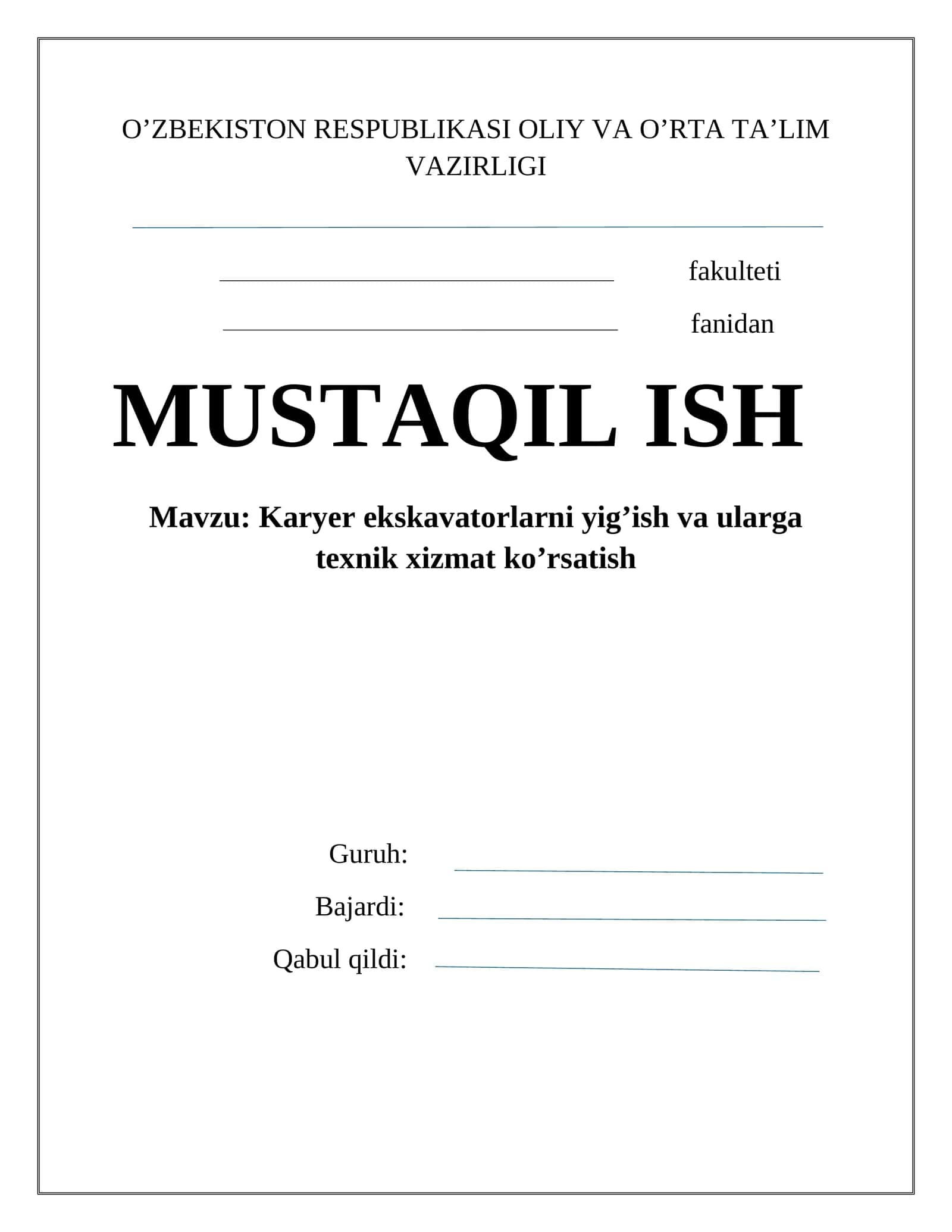 Karyer ekskavatorlarini yig’ish va ularga texnik xizmat ko’rsatish 1