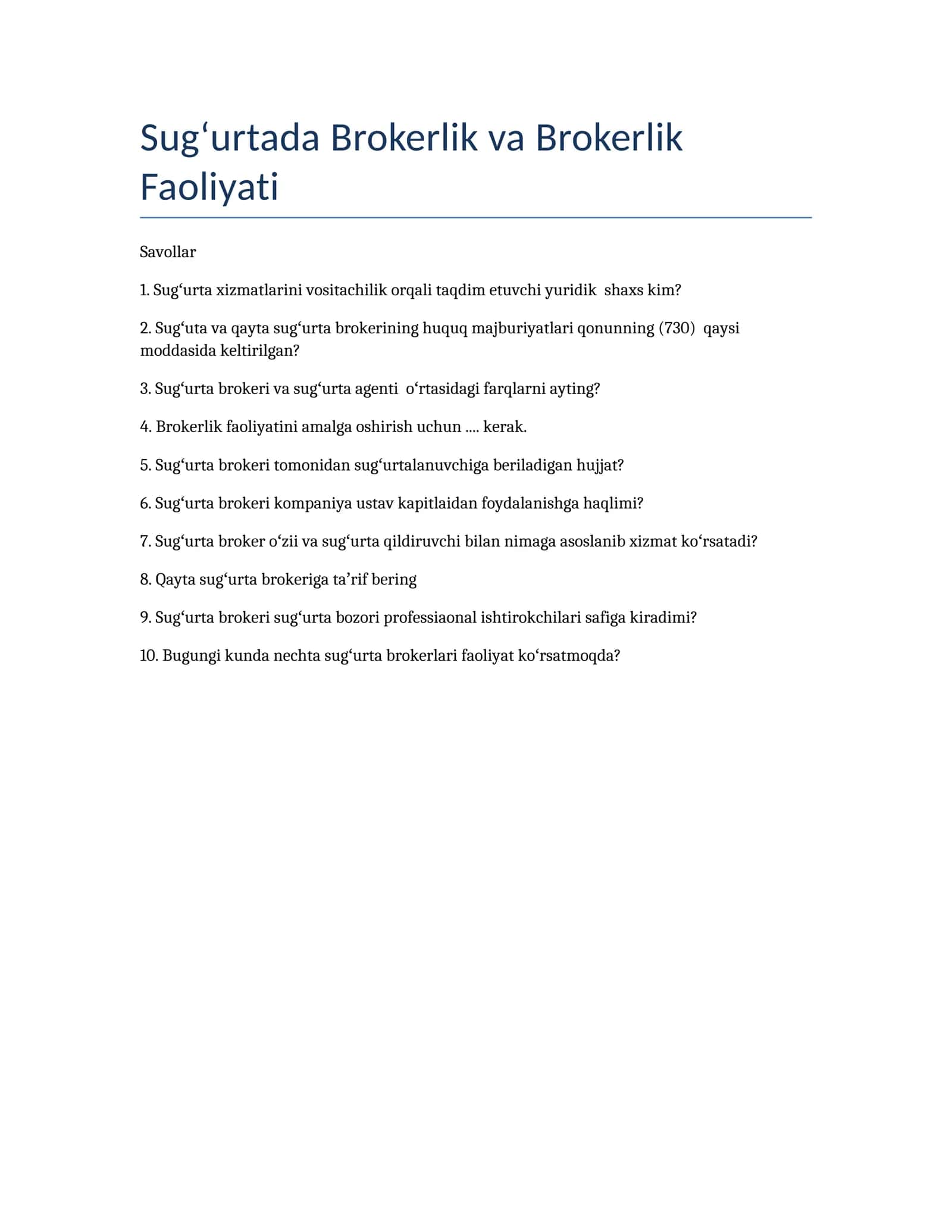 Sugʻurtada Brokerlik va Brokerlik Faoliyati 1