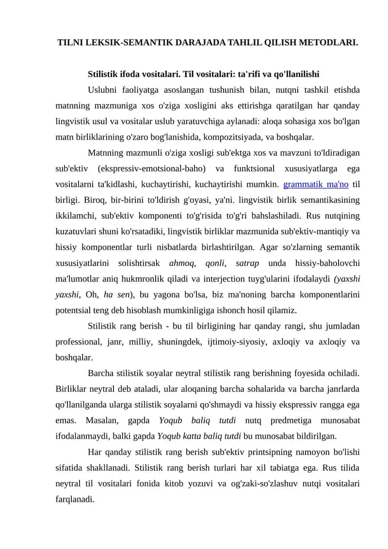 TILNI LEKSIK-SEMANTIK DARAJADA TAHLIL QILISH METODLARI 1