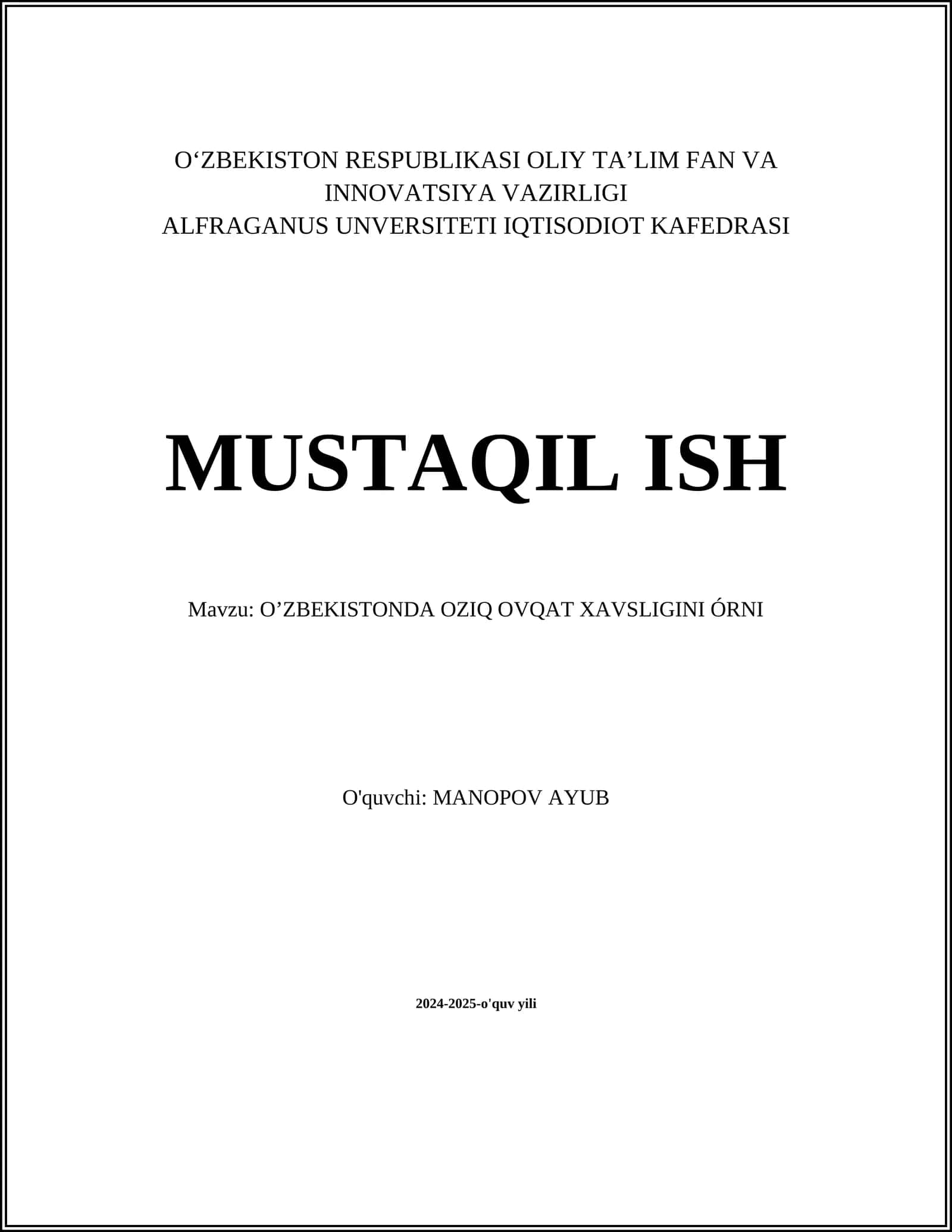 O'ZBEKISTONDA OZIQ OVQAT XAVSLIGINI ÓRNI 1