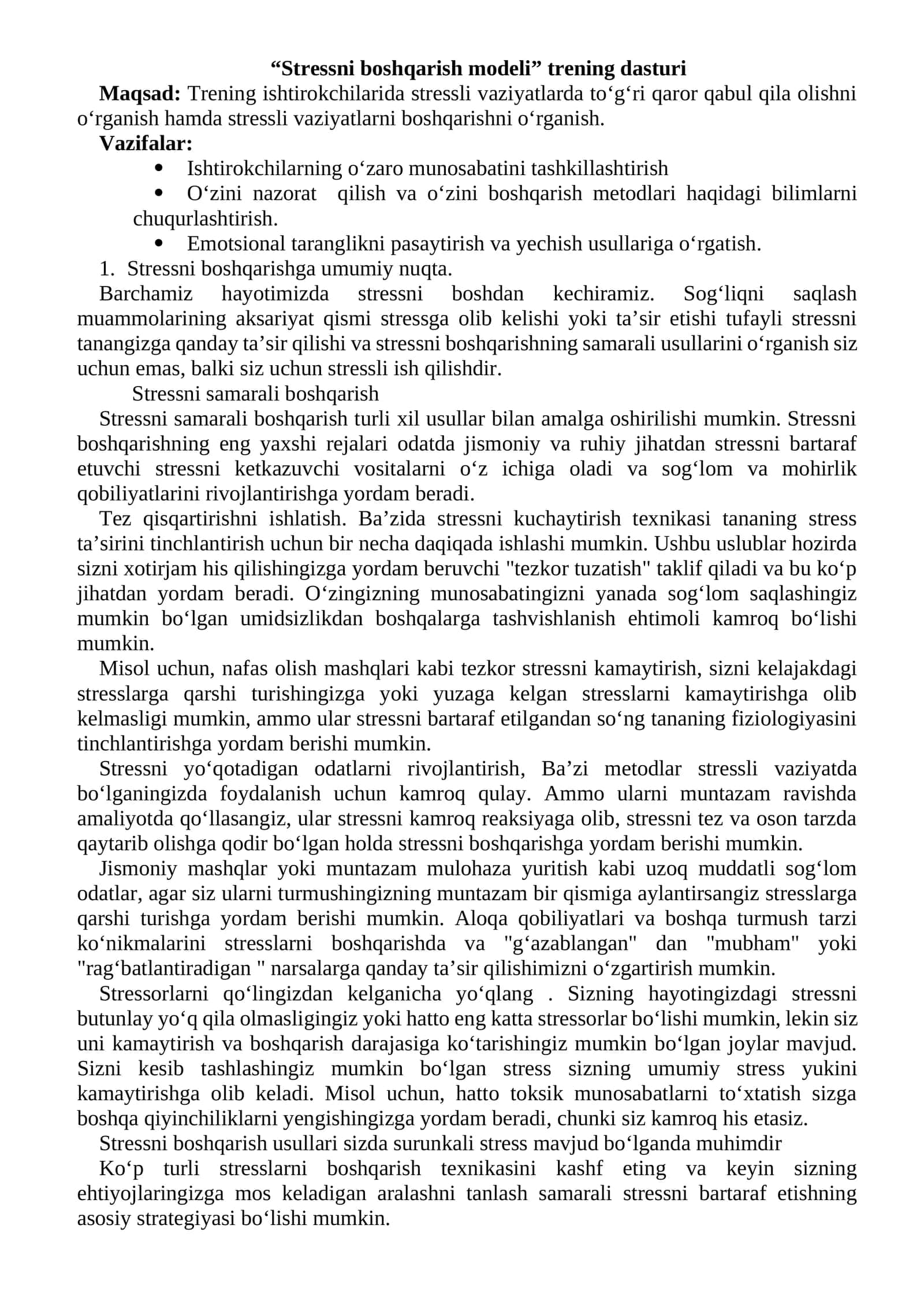 Stressni boshqarish modeli trening dasturi 1