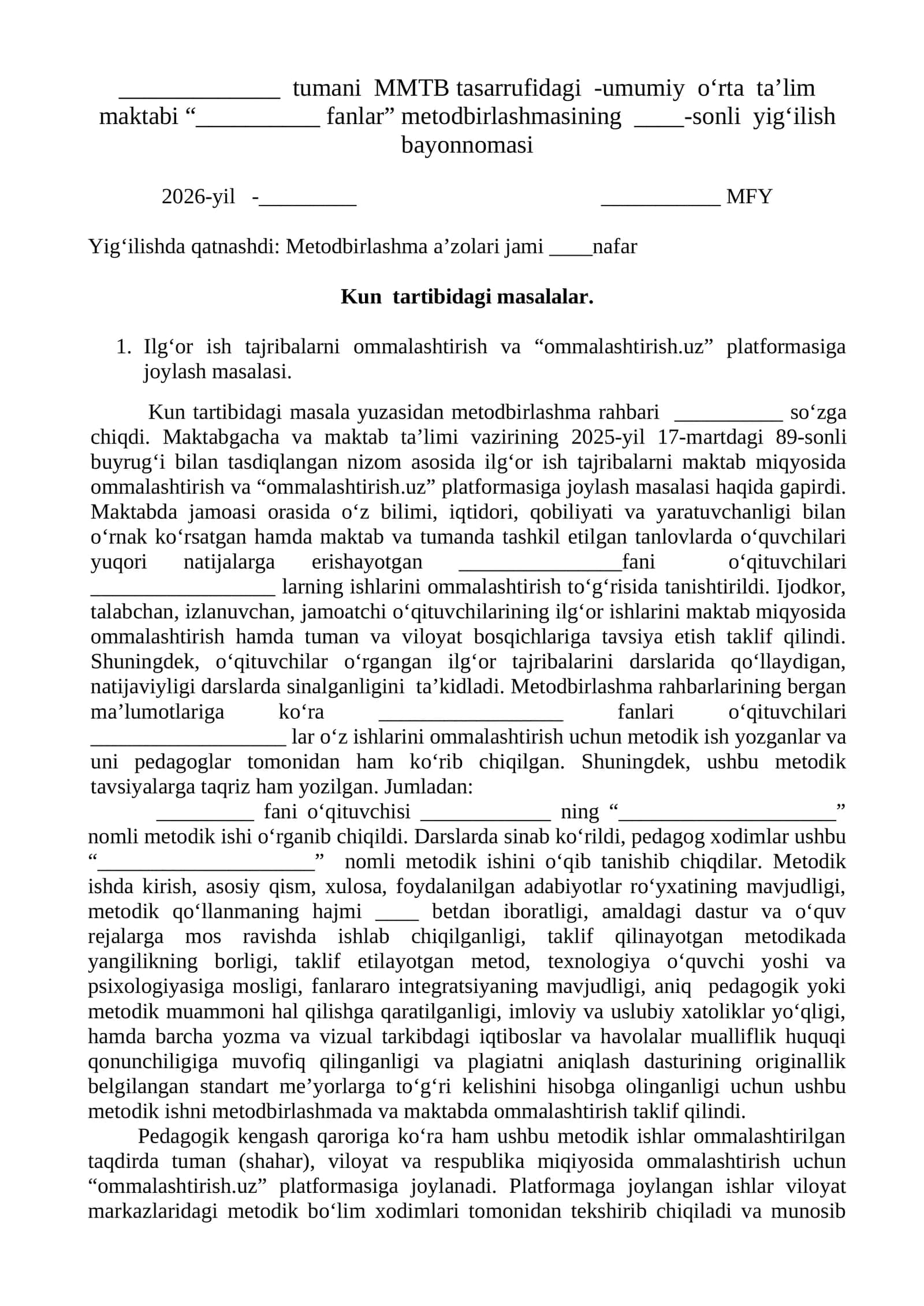 ommalashtirish bo'yicha Metodbirlashma qarori 2026-2027-yilga 1