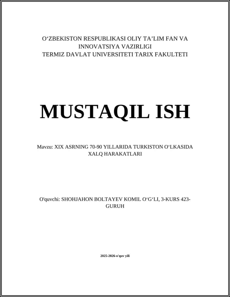 XIX ASRNING 70-90 YILLARIDA TURKISTON OʻLKASIDA XALQ HARAKATLARI 1
