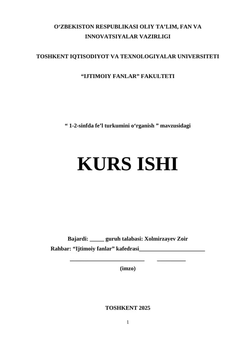1-2-sinfda fe’l turkumini o‘rganish. KURS ISHI 1