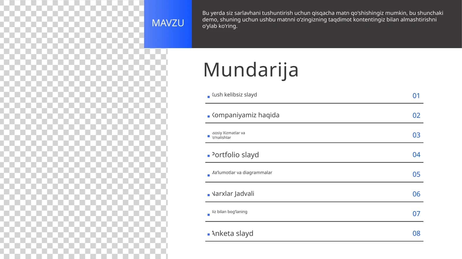 Zamonaviy Biznes Reja Mundarijasi va Tuzilmasi Taqdimoti (10 Slayd) 1