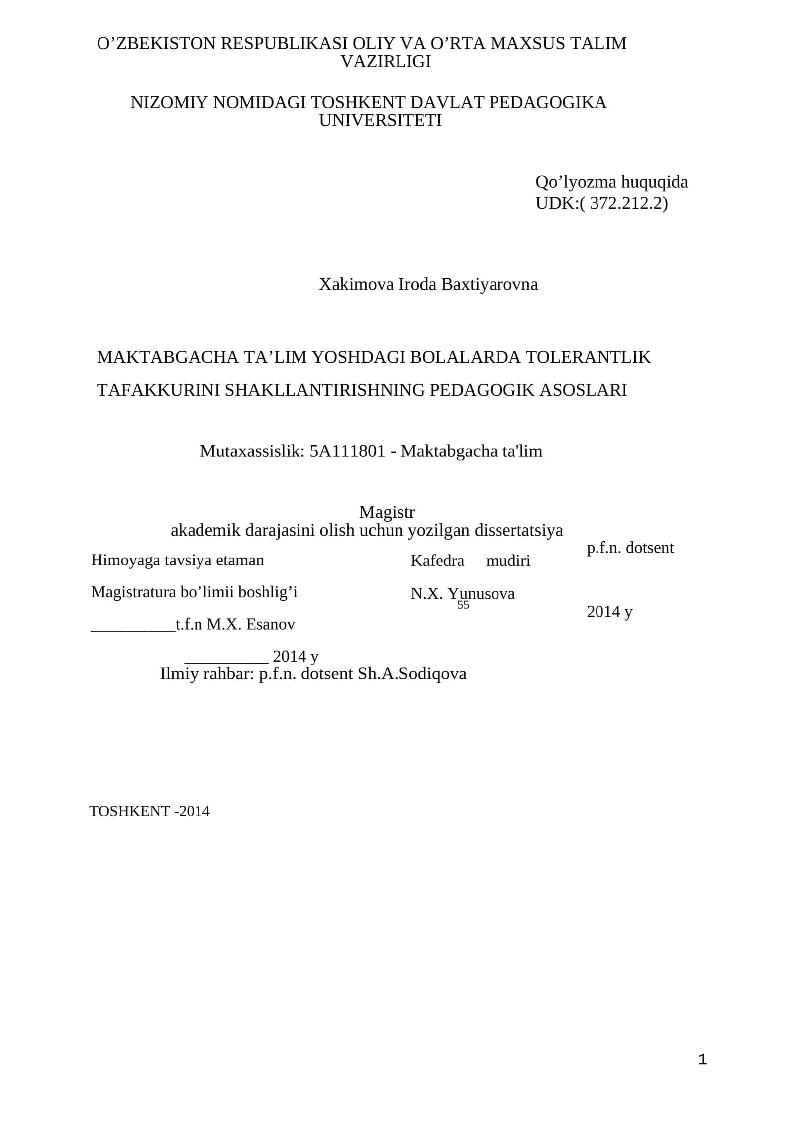 MAKTABGACHA TA’LIM YOSHDAGI BOLALARDA TOLERANTLIK TAFAKKURINI SHAKLLANTIRISHNING PEDAGOGIK ASOSLARI 1