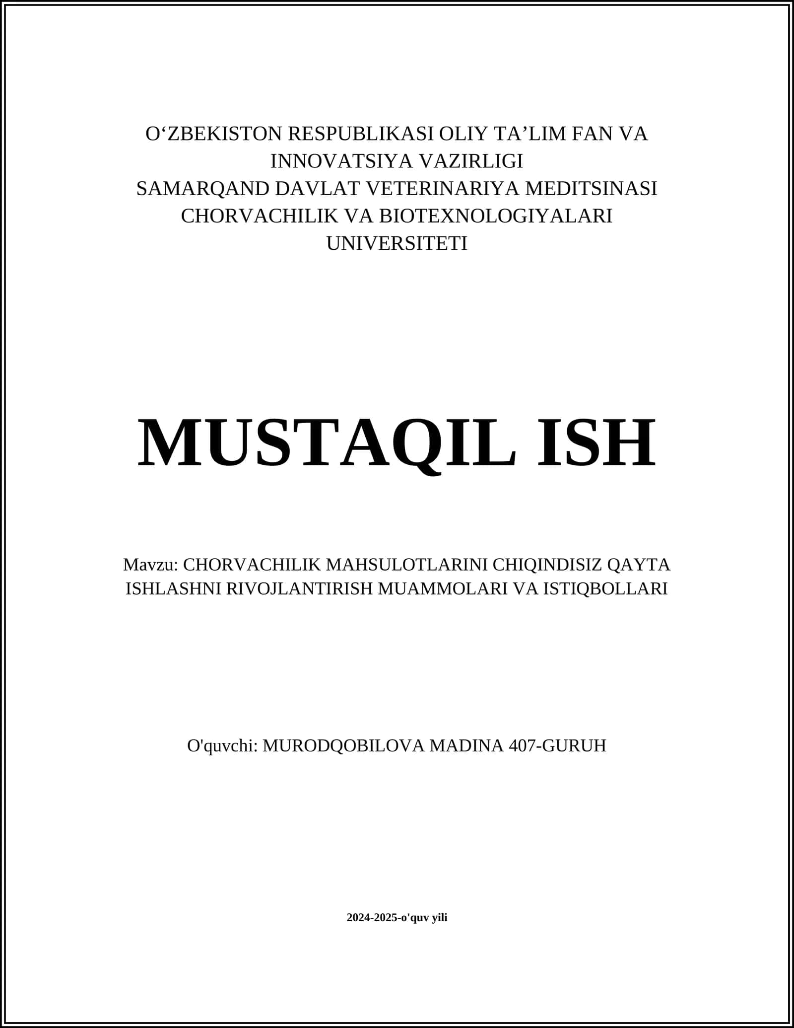 CHORVACHILIK MAHSULOTLARINI CHIQINDISIZ QAYTA ISHLASH TEXNOLOGIYALARI 1