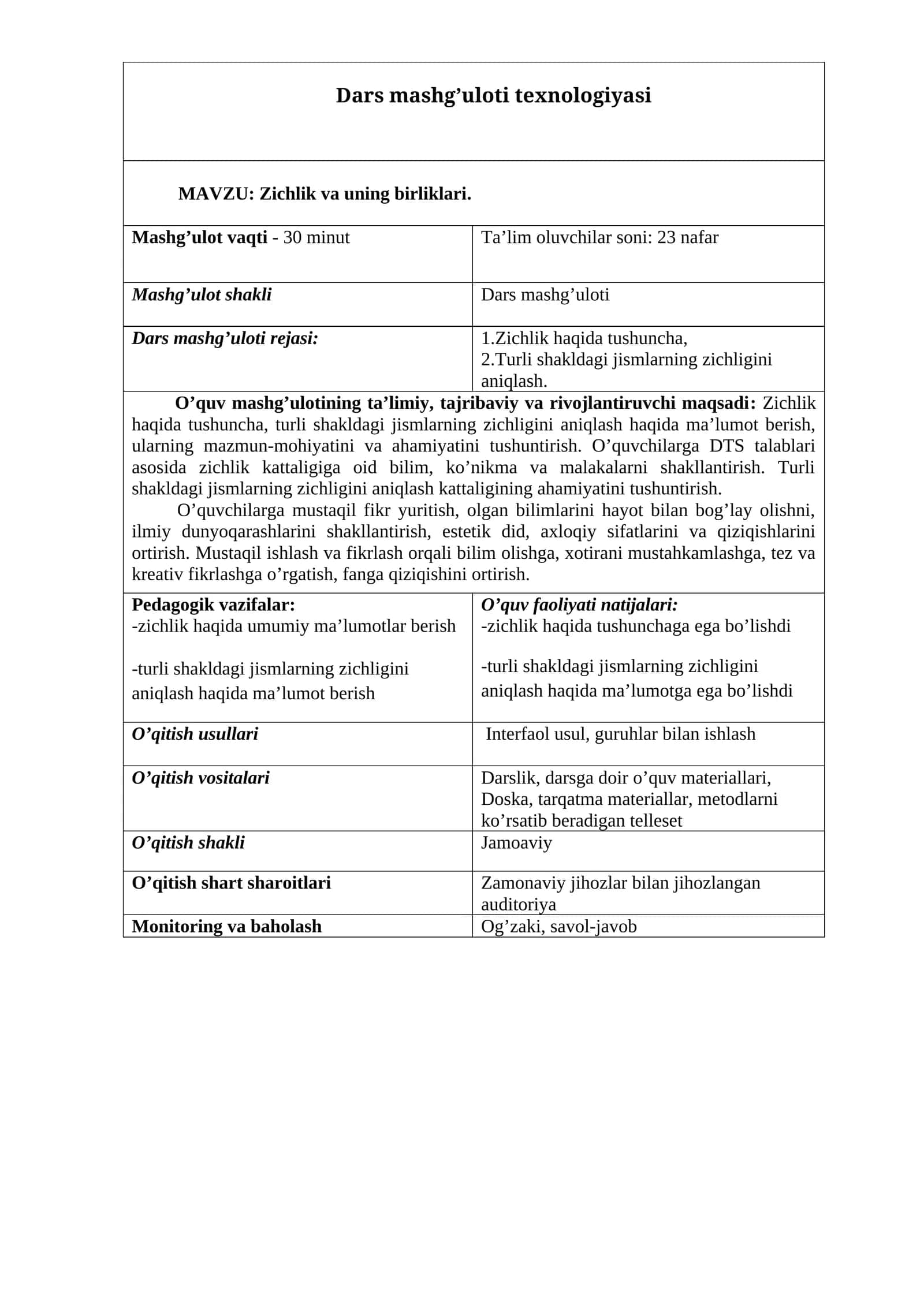 Zichlik va uning birliklari mavzusida tayyor sifatli dars ishlanma 1