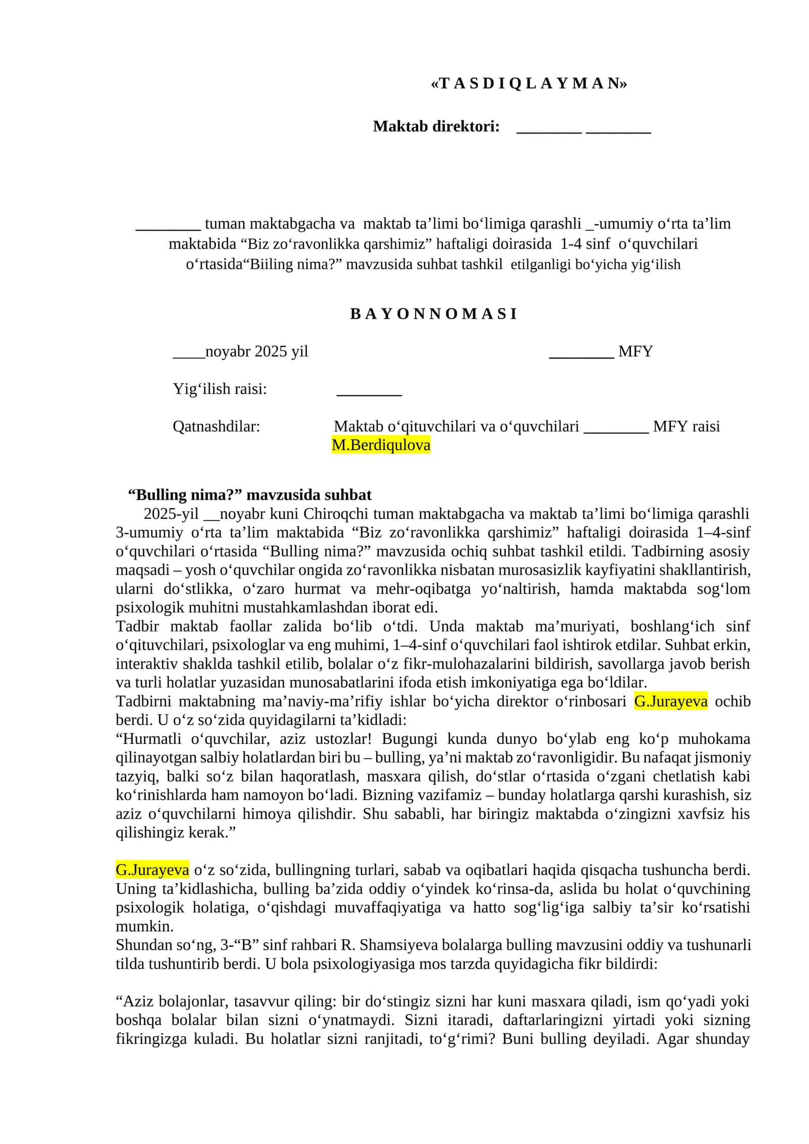 "Bulling nima?" mavzusida suhbat 1
