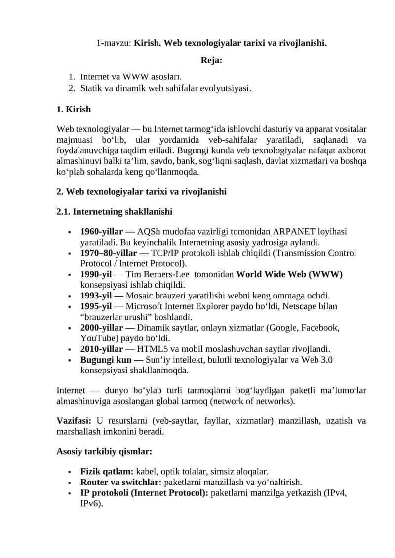 Web texnologiyalar tarixi va rivojlanishi 1