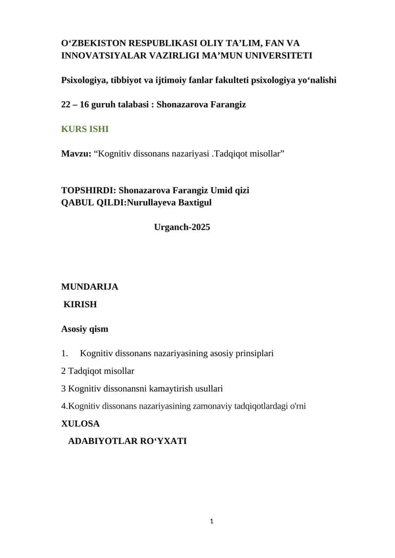 "Kognitiv dissonans nazariyasi.Tadqiqot misollar" 1