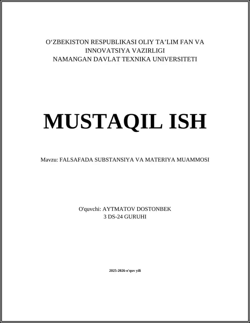 FALSAFADA SUBSTANSIYA VA MATERIYA MUAMMOSI 1