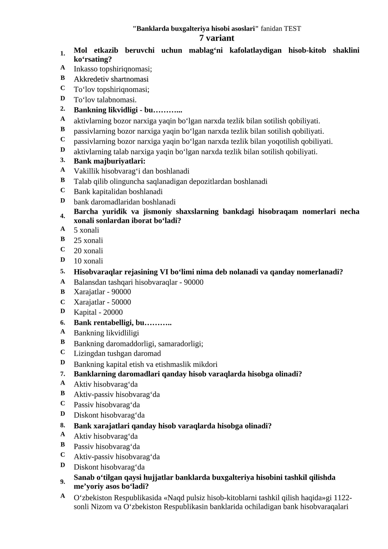 Banklarda buxgalteriya hisobi asoslari fanidan TEST 1