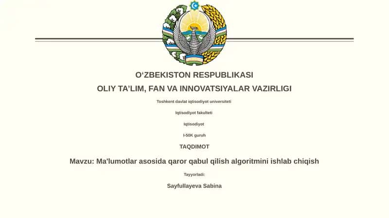 Ma'lumotlar asosida qaror qabul qilish algoritmini ishlab chiqish 1