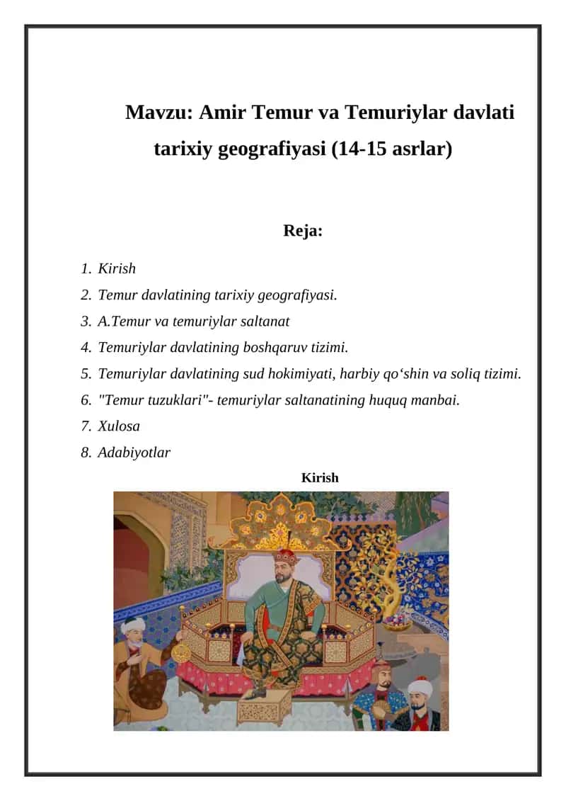 Amir Temur va Temuriylar davlati tarixiy geografiyasi (14-15 asrlar) 1
