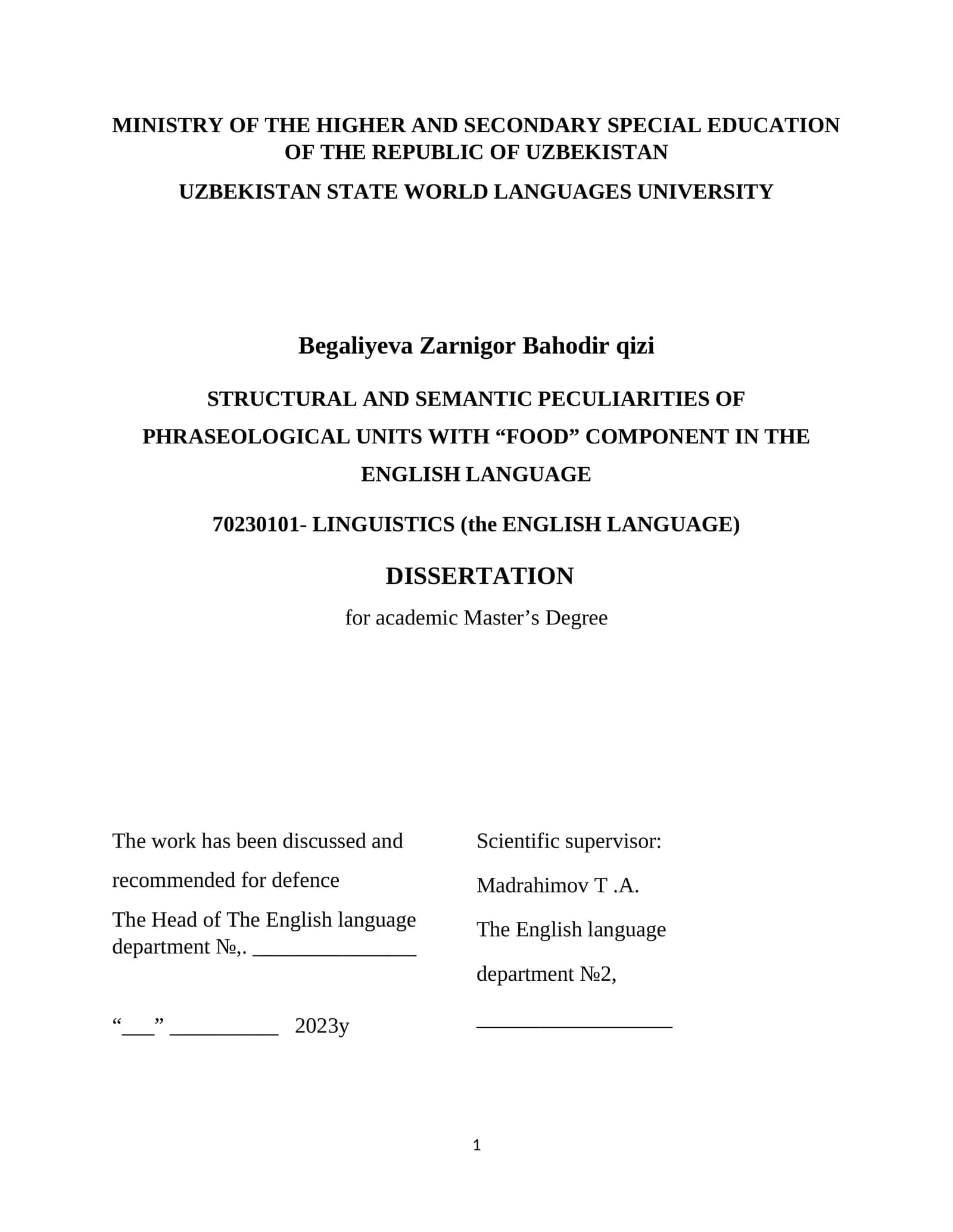 STRUCTURAL AND SEMANTIC PECULIARITIES OF PHRASEOLOGICAL UNITS WITH “FOOD” COMPONENT IN THE ENGLISH LANGUAGE 1