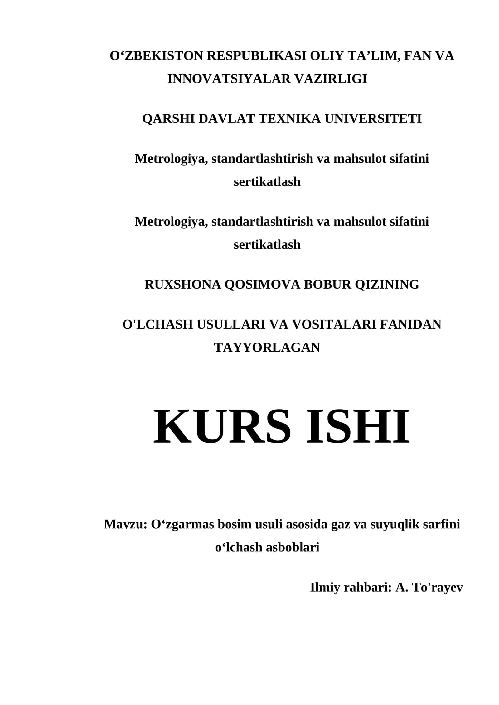 O‘ZGARMAS BOSIM USULI ASOSIDA GAZ VA SUYUQLIK SARFINI O‘LCHASH ASBOBLARI 1