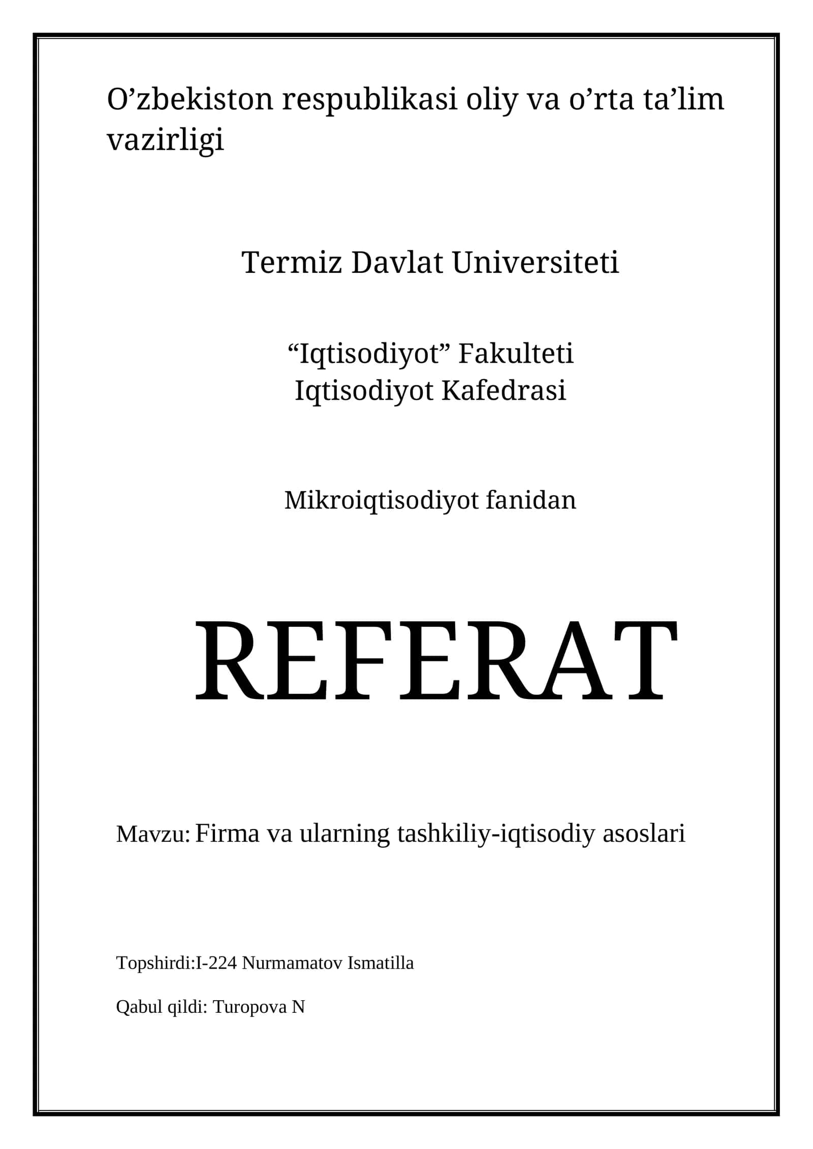 Mikroiqtisodiyot fanidan REFERAT 1
