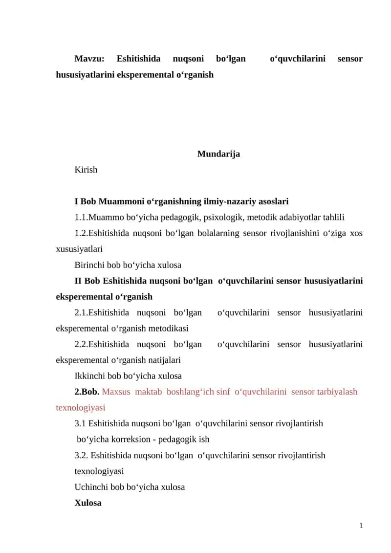 Eshitishida nuqsoni Bo‘lgan O‘quvchilarni Sensor Hususiyatlarini Eksperemental O‘rganish 1