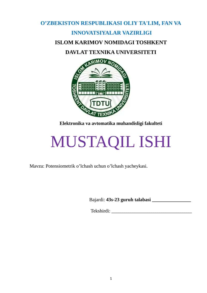 Potensiometrik o’lchash uchun o’lchash yacheykasi 1