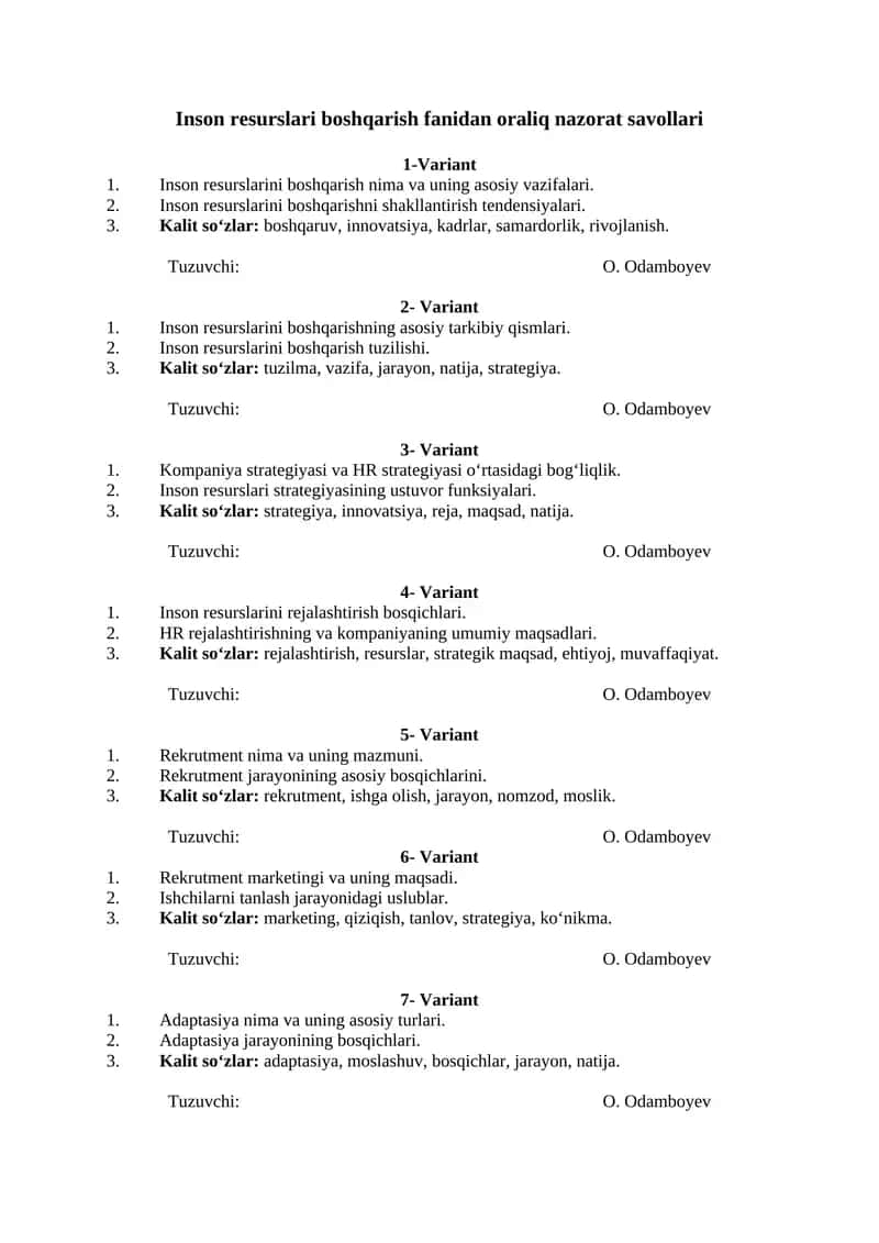 Inson resurslari boshqarish fanidan oraliq nazorat savollari 1
