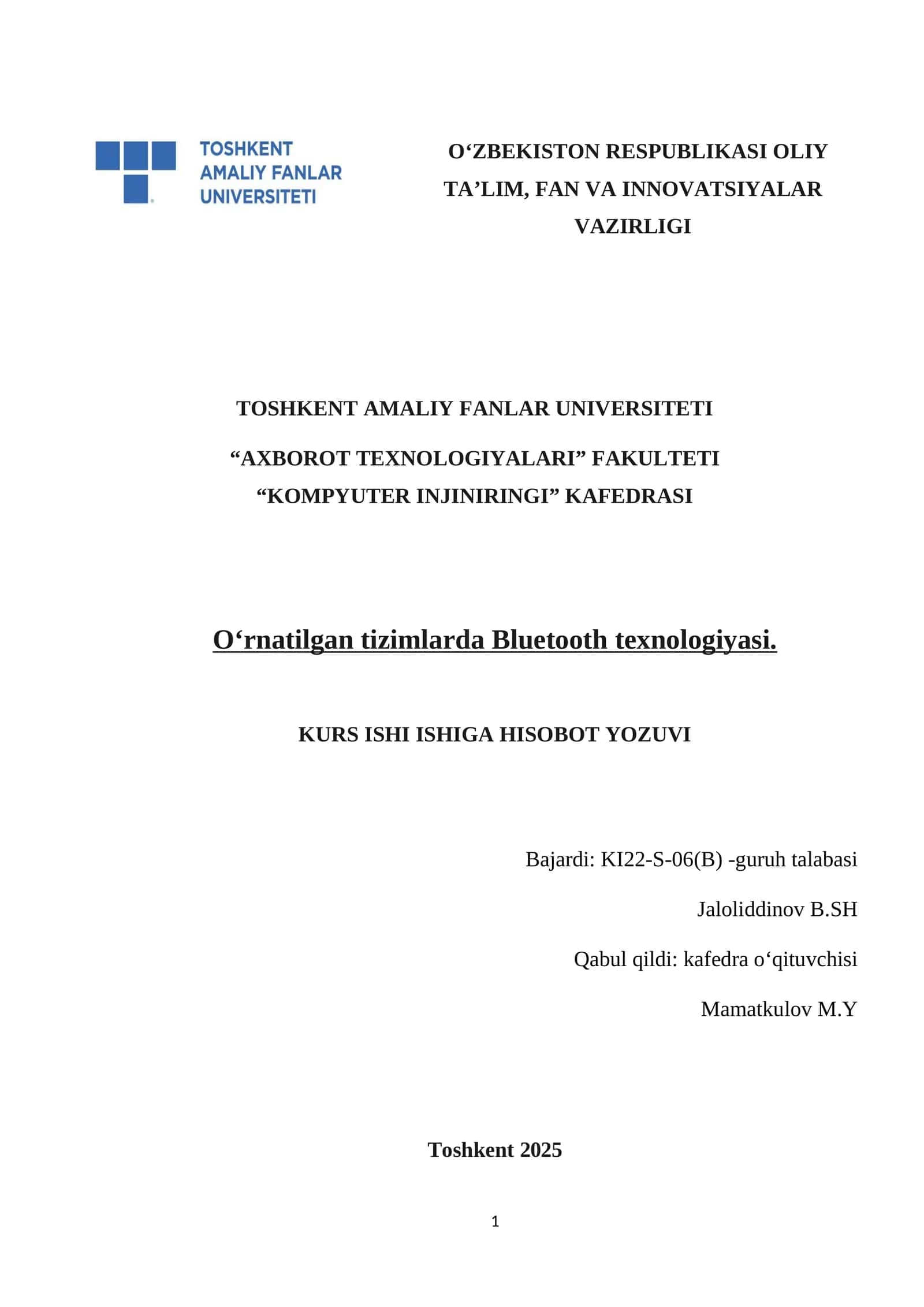 O‘rnatilgan tizimlarda Bluetooth texnologiyasi 1