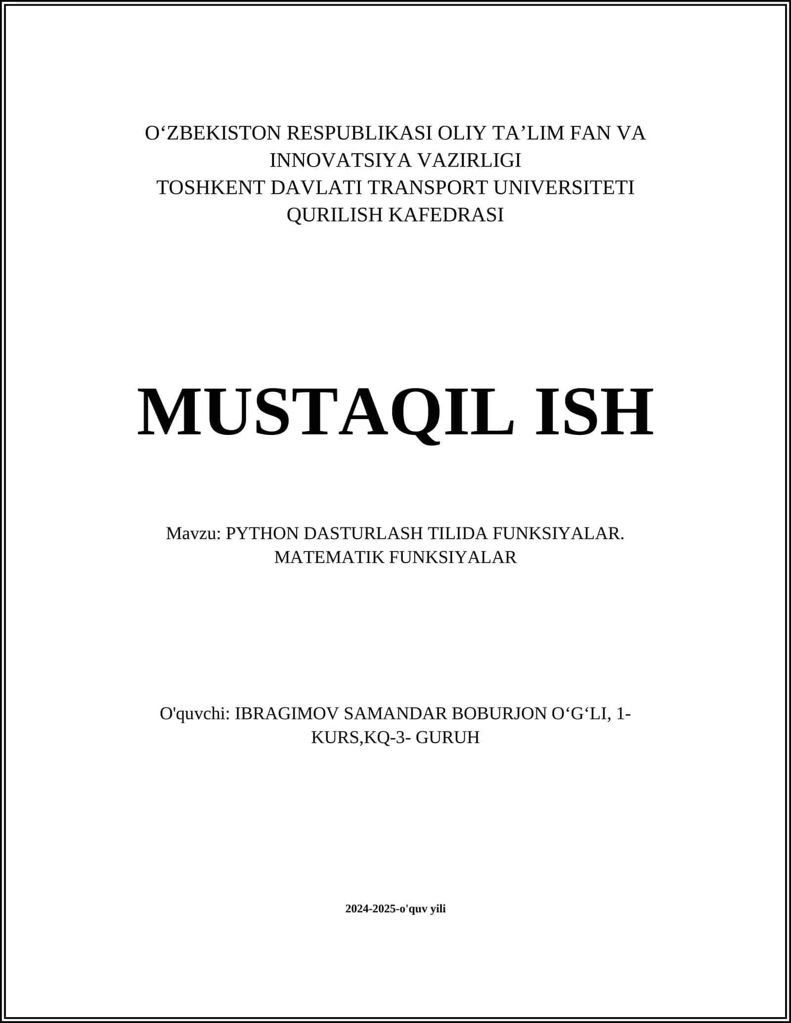 PYTHON DASTURLASH TILIDA FUNKSIYALAR. MATEMATIK FUNKSIYALAR 1