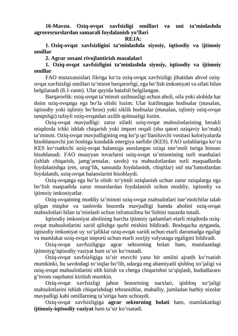 Oziq-ovqat xavfsizligi omillari va uni ta’minlash yo’llari 1