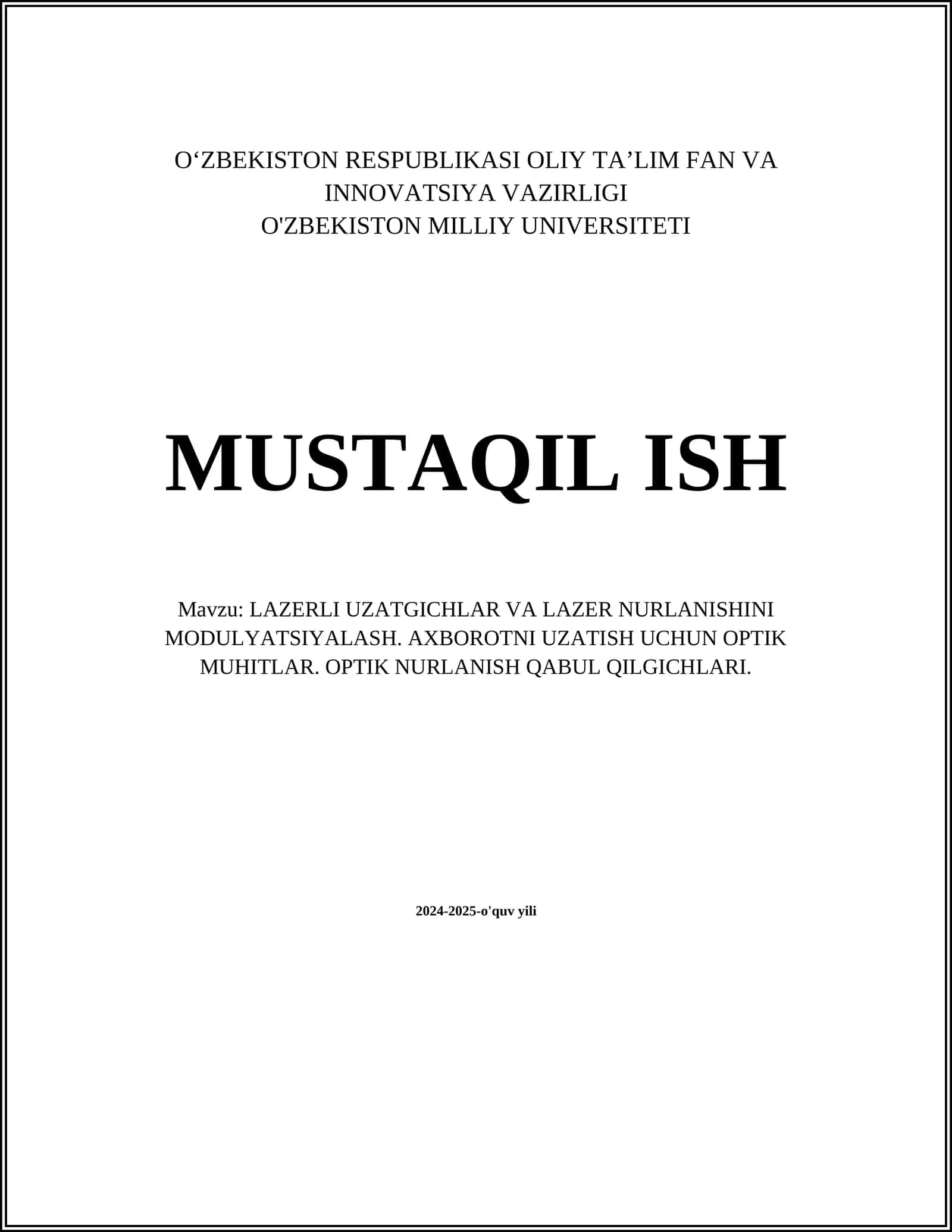 LAZERLI UZATGICHLAR VA LAZER NURLANISHINI MODULYATSIYALASH 1