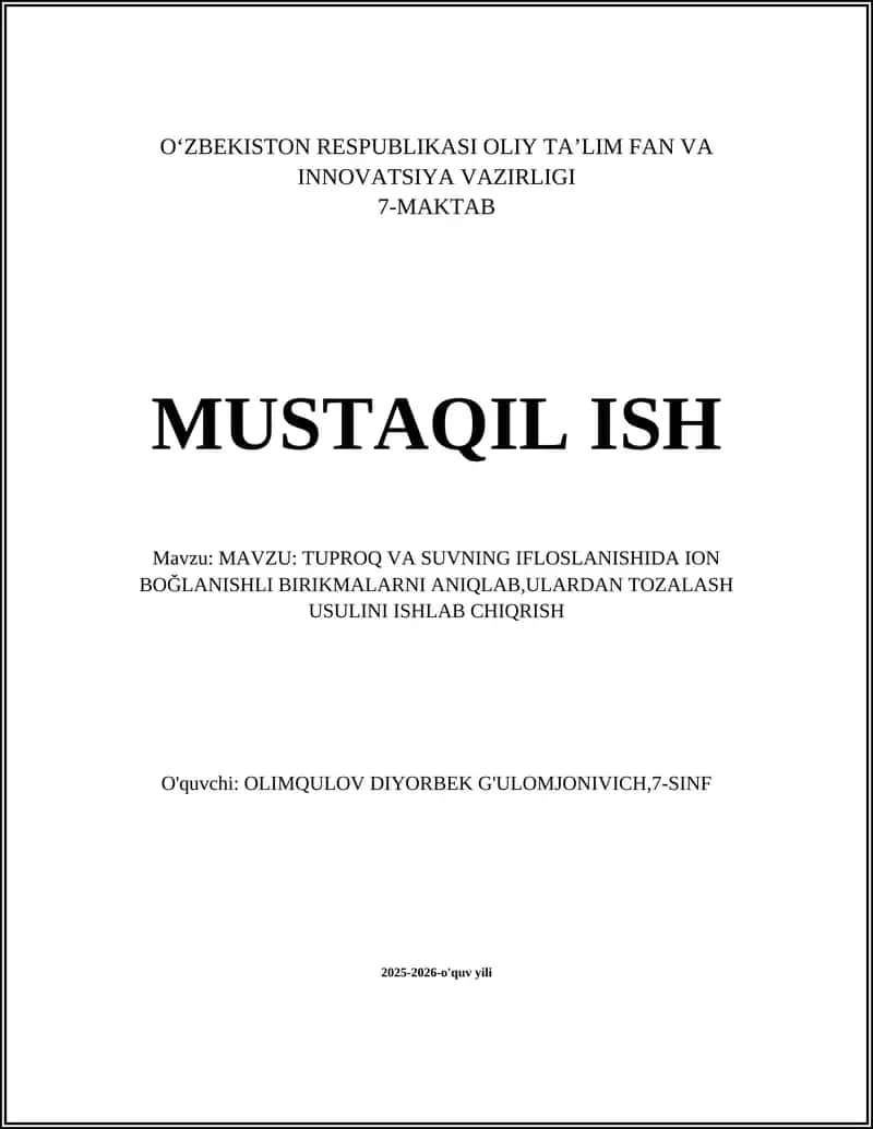 Tuproq va suvning ifloslanishida ion bog'lanishli birikmalarni tayyorlash va saqlash protokollari 1