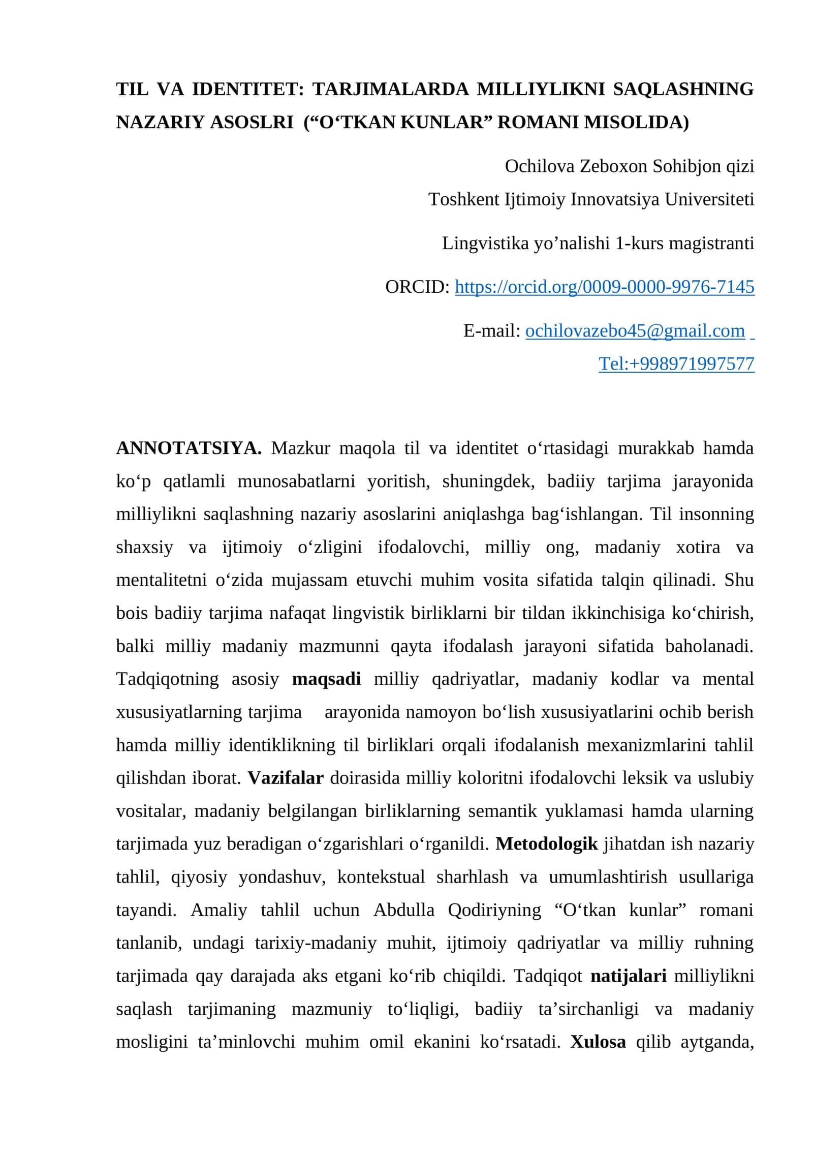 Til va identitet tarjimalarda milliylikni saqlashning nazariy asoslari (O'tkan kunlar romani misolid 1