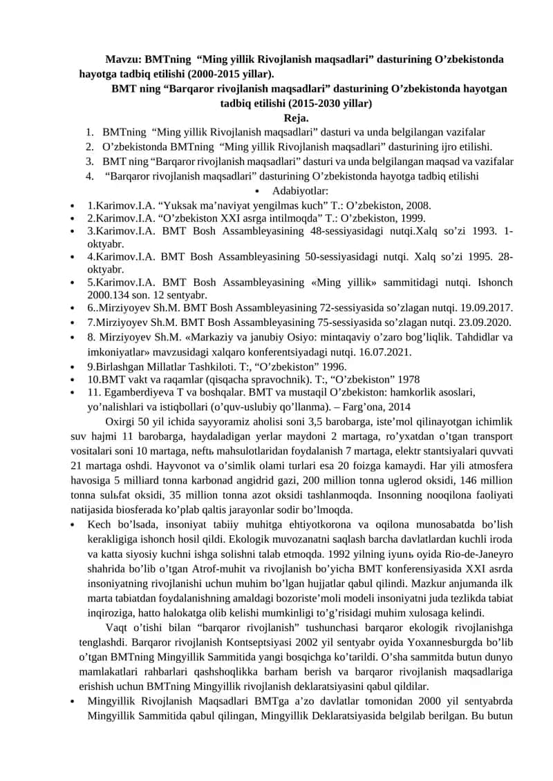 BMTning “Ming yillik Rivojlanish maqsadlari” dasturining O’zbekistonda hayotga tadbiq etilishi (2000-2015 yillar) 1