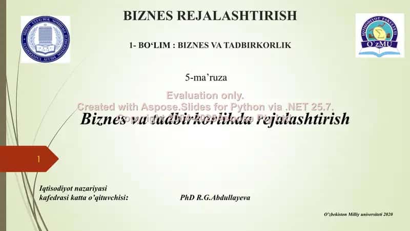 Biznes va Tadbirkorlikda Rejalashtirish 1