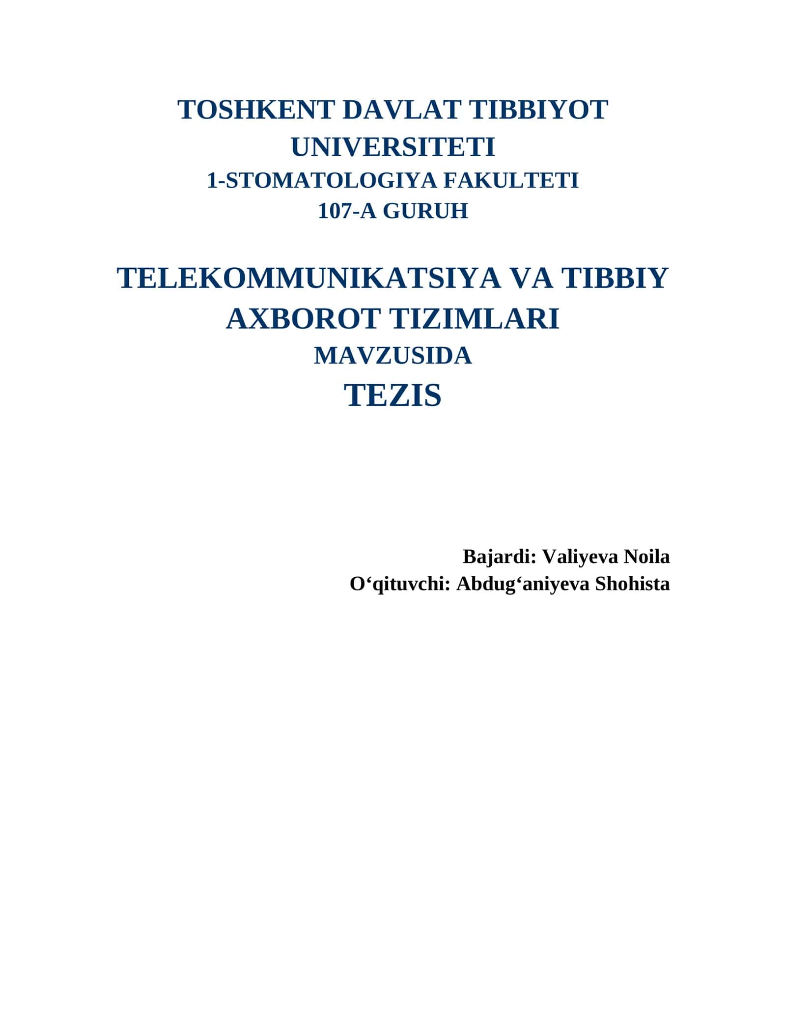 TELEKOMMUNIKATSIYA VA TIBBIY AXBOROT TIZIMLARI 1