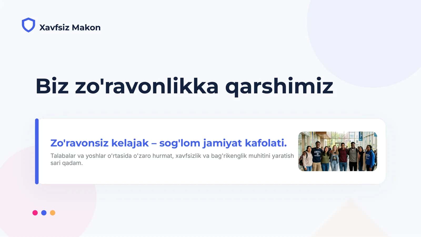 Biz zo'ravonlikka qarshimiz | Zo'ravonsiz kelajak – sog'lom jamiyat kafolati. 1