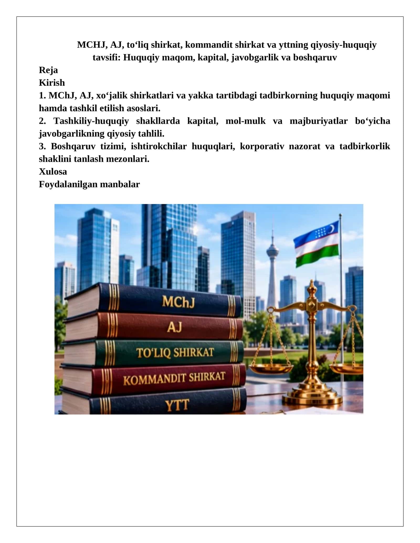 MCHJ, AJ, to‘liq shirkat, kommandit shirkat va yttning qiyosiy-huquqiy tavsifi Huquqiy maqom, kapital, javobgarlik va boshqaruv.docx 1