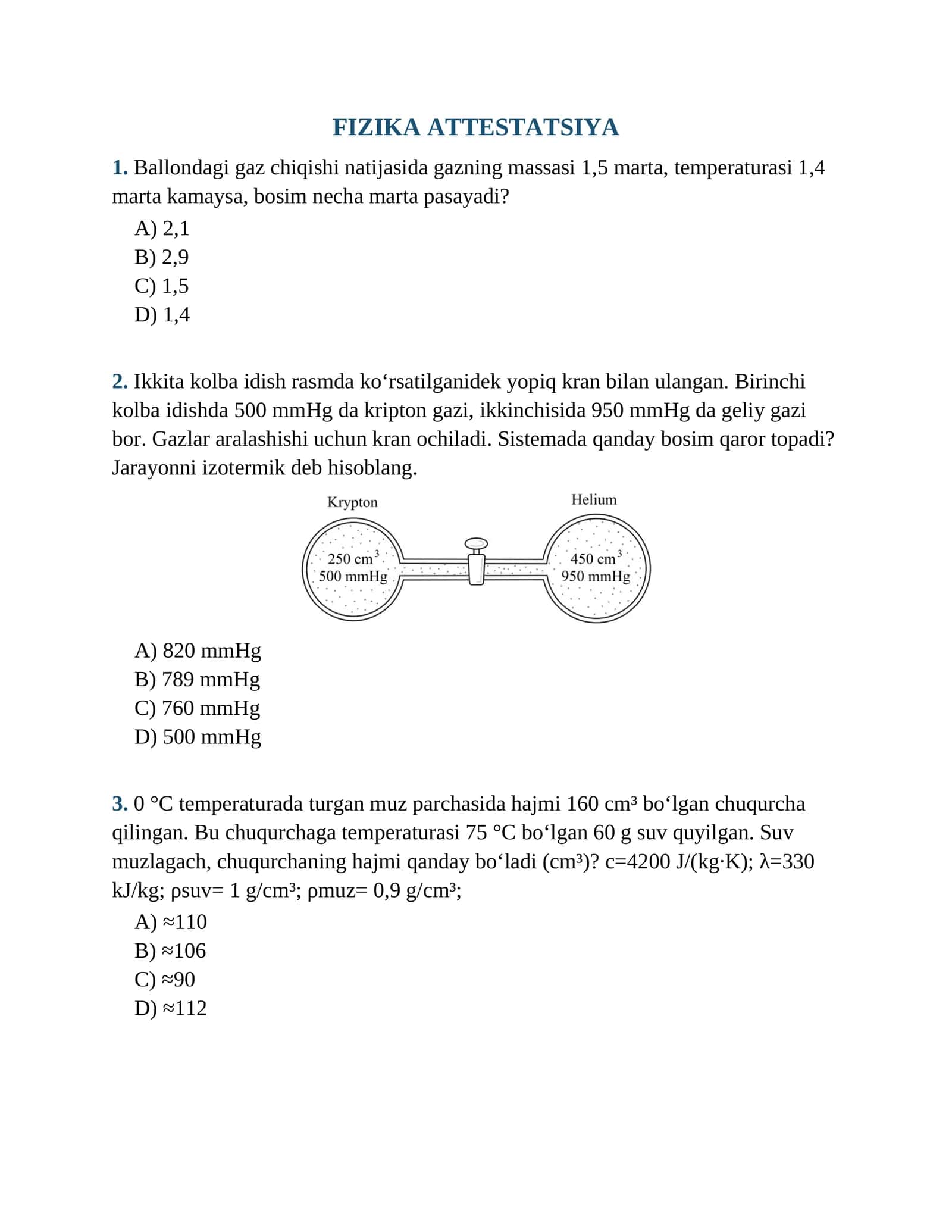 FIZIKA ATTESTATSIYA TESTI (KALIT+QISQA YECHIMI BILAN) 1