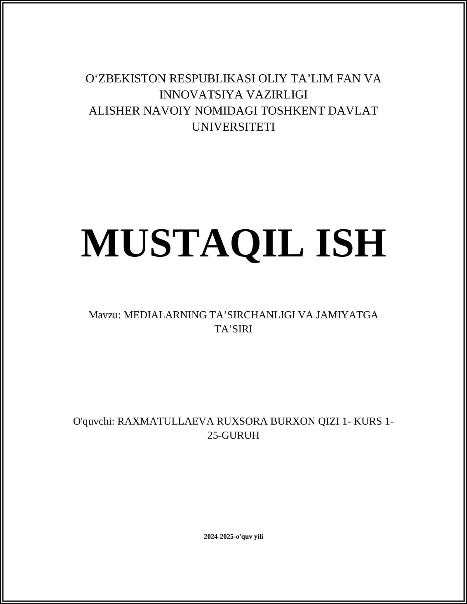 MEDIALARNING TA'SIRCHANLIGI VA JAMIYATGA TA'SIRI 1